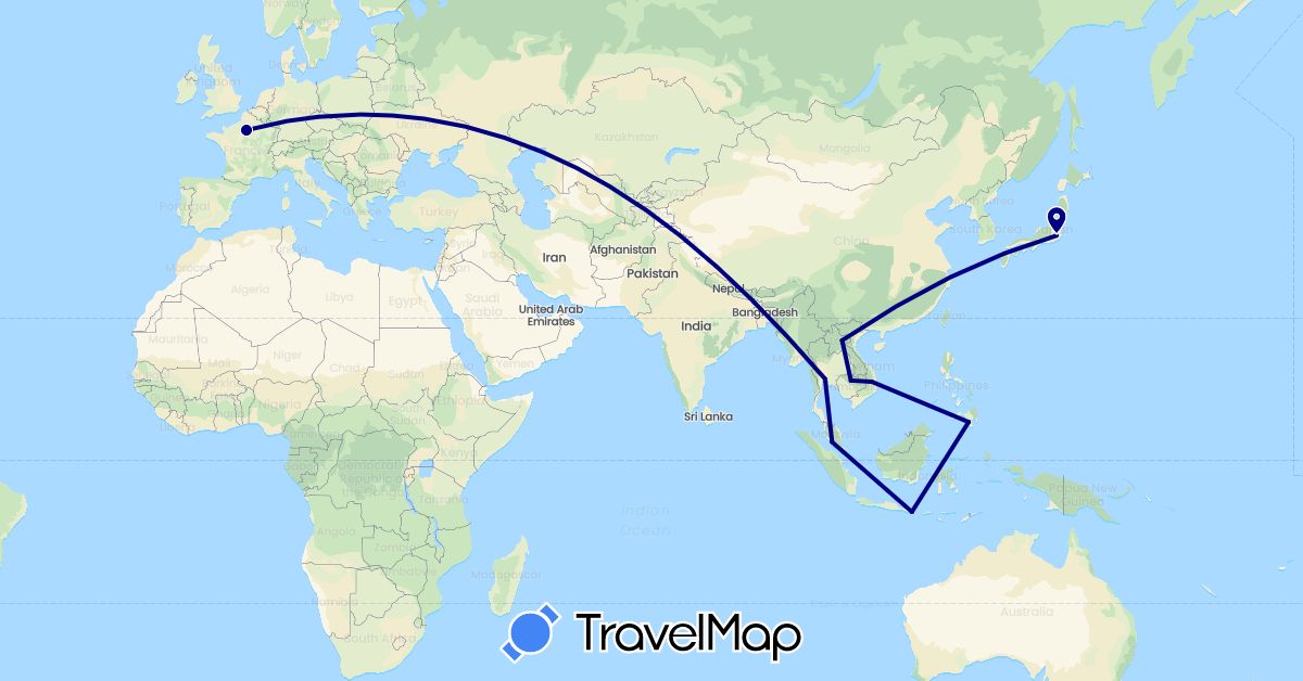 TravelMap itinerary: driving in France, Indonesia, Japan, Cambodia, Laos, Malaysia, Philippines, Thailand, Vietnam (Asia, Europe)